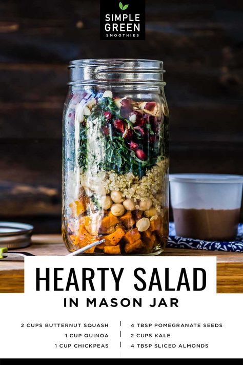 A Hearty Mason Jar Salad Recipe | Healthy, Fresh Fast Food for Autumn Mason Jar Grain Bowl, Lunch Jar Ideas, Spinach Mason Jar Salad, Quinoa Mason Jar Recipes, Fall Mason Jar Salads, Kale Mason Jar Salad, Vegetarian Mason Jar Meals, Vegan Jar Meals, Vegan Mason Jar Meals