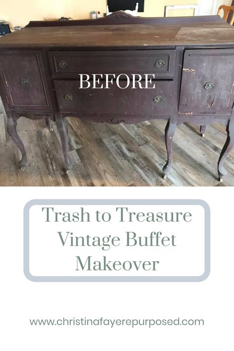 Refinish Antique Buffet, Restoring Antique Buffet, Refinished Sideboard Antique Buffet, Painted Buffet Ideas Farmhouse, Updated Antique Sideboard, Painting Antique Buffet, Buffet Redo Ideas, Buffet To Bar Makeover, Distressed Buffet Cabinet