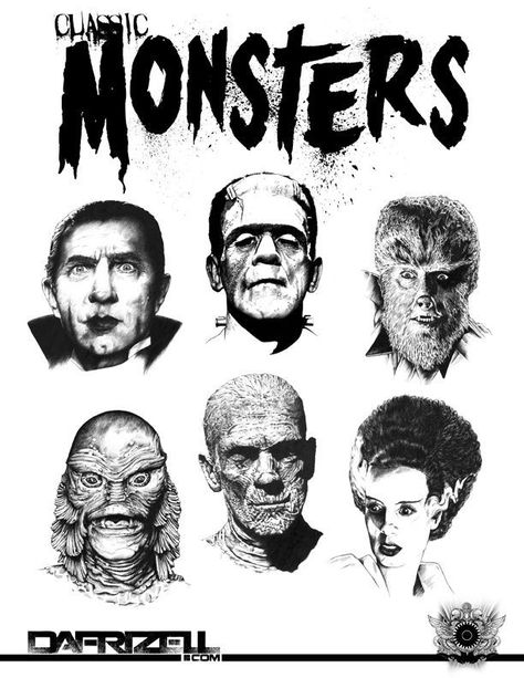 Classic Horror Movie Characters, Universal Classic Monsters, Classic Horror Monsters, Classic Monsters Tattoo, Classic Horror Movie Tattoos, Classic Horror Tattoo, Universal Monsters Tattoo, Monsters Tattoo, Classic Horror Characters