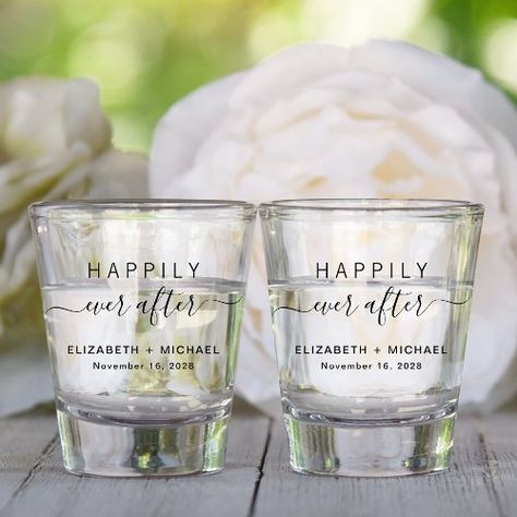 $8.45 | Happily Ever After Wedding Favor #wedding reception, happily ever after, party favor, keepsake, souvenir, modern, script, couple, married, bride groom Wedding Reception Party Favors, Wedding Favours Shots, Happily Ever After Wedding, Ever After Wedding, Modern Wedding Reception, Bride And Groom Glasses, Wedding Tumblers, Simple Typography, Wedding Shot