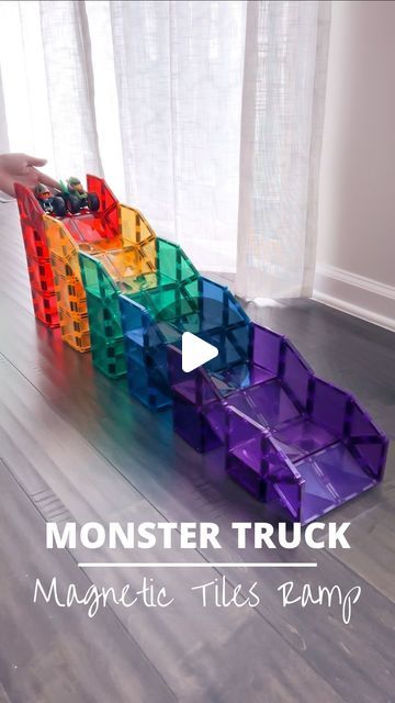 Building With Magnetic Tiles, Diy Monster Truck Ramps, Monster Truck Tracks Diy, Monster Truck Organization, Monster Truck Craft, Magnatiles Ramp, Monster Truck Storage Ideas, Monster Truck Activities, Magnetic Tiles Ideas For Kids