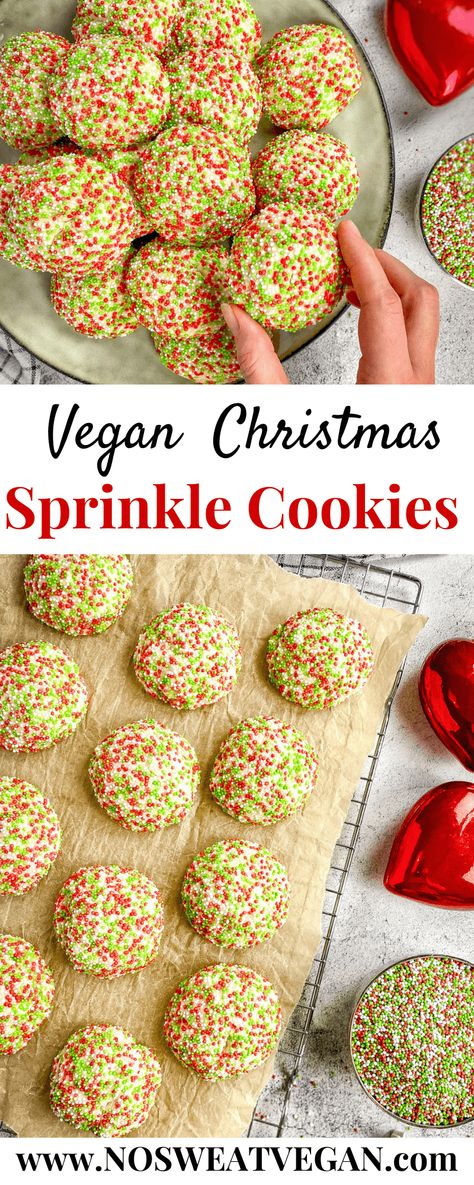 These Vegan Christmas Cookies are soft and chewy on the inside, with a satisfyingly crunchy exterior. Swap out different types of sprinkles for a versatile and delicious winter treat. Perfect for adding to your holiday table or giving out as an edible gift! Vegan Grinch Cookies, Vegan Holiday Party Food, Christmas Cookies Recipes Vegan, Vegan Sprinkle Cookies, Vegan Christmas Candy, Vegan Christmas Baking Recipes, Easy Vegan Holiday Recipes, Christmas Vegan Cookies, Easy Vegan Christmas Cookies