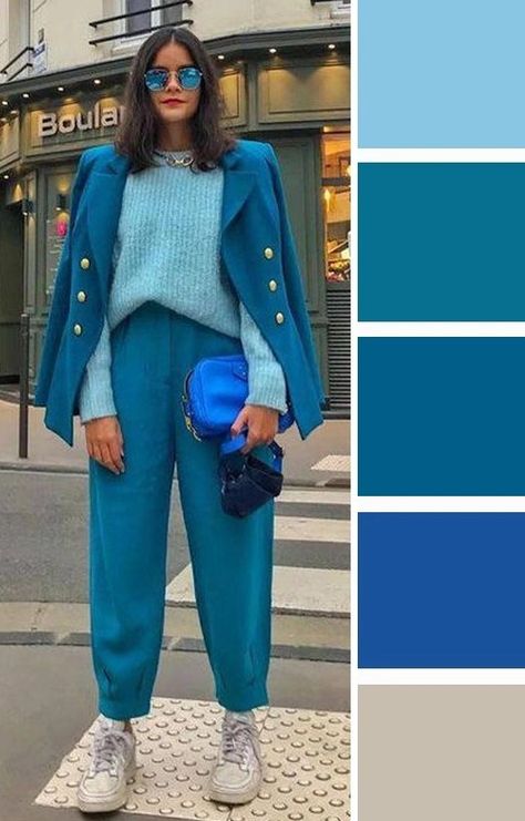 Teal Blue Top Outfit, Ice Blue Outfit Color Combos, Teal Color Palette Outfit, Olive Green And Blue Outfit, Cerulean Blue Outfit, Turquoise Outfits For Women, Cobalt Blue Outfits, Turquoise Outfit Ideas, Pantone Outfit