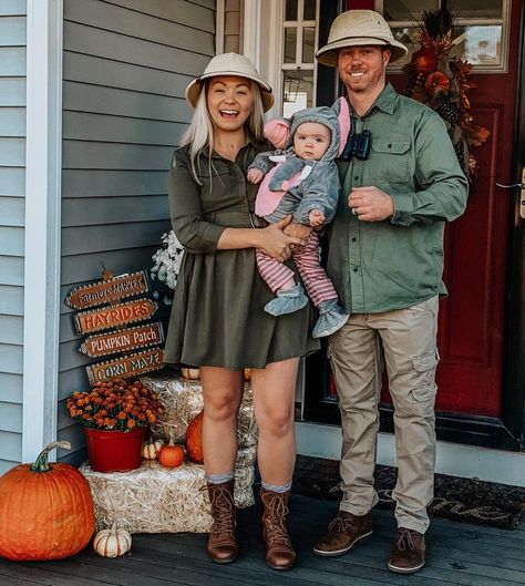 Matching Costumes For Family Of 3, Zookeeper And Animals Family Costume, Baby Girl Family Halloween Costumes, Family Safari Halloween Costumes, Jungle Theme Birthday Party Outfit, Family Safari Costume, Monkey Family Costume, Safari Family Halloween Costumes, Farm Halloween Costume Family