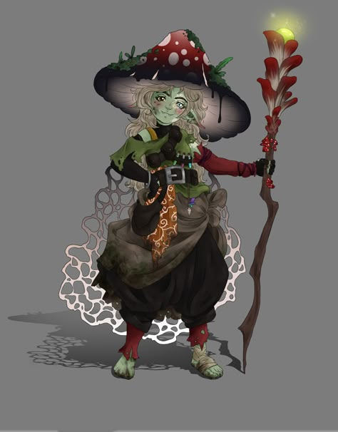 ArtStation - New D&D character, Dott she is a Goblin Druid Spore Druid Female, Spore Druid Dnd, Hexblood Druid, Feywild Art, Dnd Goblin Character Design, Dnd Druid Outfit, Mushroom Character Design, Goblin Druid, Circle Of Spores Druid