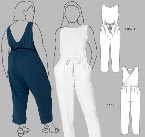 Sewing Pattern: Elevate your wardrobe with this relaxed-fit, pull-on, easy jumpsuit pattern. This versatile piece features wide shoulder straps, a rounded high neckline, and a cross-over open back for a touch of flair. The drawstring waist provides comfort and style, while the tapered legs and in-seam pockets add practicality to this on-trend design. Easy Jumpsuit Pattern, Jumpsuit Pattern Sewing Free, Romper Sewing Pattern, Jumpsuit Pattern Sewing, Garment Sewing, Free Pdf Sewing Patterns, Romper Pattern, Jumpsuit Pattern, Diy Couture