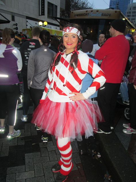 Candy cane costume jingle bell run Candy Lane Costumes, Diy Candy Cane Costume, Diy Candy Cane Outfit, Candy Cane Day At School Outfits, Dress Like A Candy Cane Day At School, Dress Like A Candy Cane, Candy Cane Costume Diy, Candy Cane Outfit Women, Candy Cane Dress Up Day