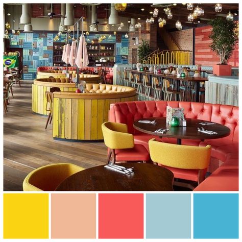 Triadic colour scheme contributes to the lively, casual ambience in this restaurant. Triadic colour palette illustration by Zena O’Connor featuring an image from Harwoods timber flooring. Triadic Colour Scheme Interior Design, Color Palette For Restaurant Interior Design, Restaurant Colour Scheme, Retail Store Color Schemes, Themed Restaurant Interiors, Colourful Restaurant Interior, Restaurant Colour Palette, Triadic Color Scheme Interior, Tetradic Color Scheme Interiors