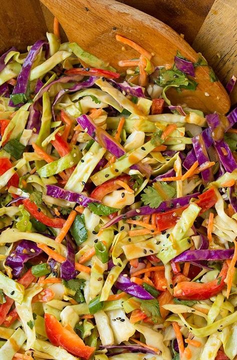 Thai Slaw with Peanut Dressing | Cooking Classy Thai Slaw, Asian Slaw Recipe, Vegan Coleslaw, Asian Slaw, Peanut Dressing, Slaw Recipes, Coleslaw Recipe, Cabbage Salad, Cooking Classy