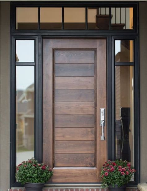 Tons of ideas for how to update your front door and increase its style. This includes paint colors (for all styles - farmhouse, craftsman, modern, rustic, wooden or glass) decorations and more. Give your front door a makeover this spring! #frontdoor #frontporch #doordecor Exterior Door Colors, Modern Exterior Doors, Eksterior Modern, Wooden Main Door, Wooden Main Door Design, Modern Front Door, Entrance Door Design, Wooden Front Doors, Wood Front Doors