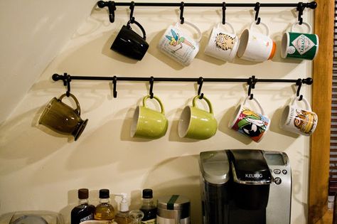 Five Sixteenths Blog: Wednesday Decor // Three Ways to Use Shower Hooks to Organize Hanging Mugs, Coffee Mug Holder, Diy Coffee Bar, Coffee Bar Design, Funny Coffee Quotes, Kona Coffee, Coffee Cup Holder, Coffee Nook, Home Coffee Bar