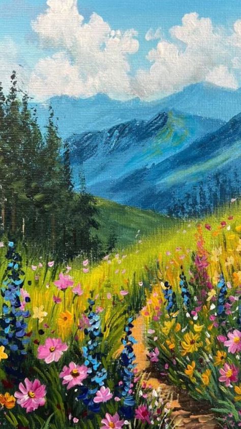 #fyp #aesthetic #oilpainting #paint #scenery #garden #flower #field Paint Scenery, Flower Field Painting, Wildflower Drawing, Mini Oil Painting, Fyp Aesthetic, Field Painting, Painting Embroidery, Spring Landscape, Flower Landscape