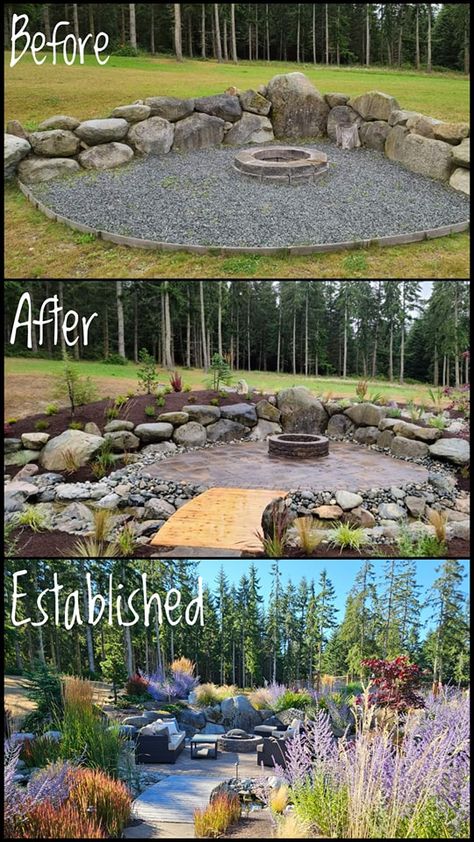 Fire Pit By Lake, Landscape Fire Pit, Firepits Backyard Corner, Fire Pit Oasis, Fire Pit In Hillside, Landscaped Fire Pit Area, Outdoor Landscaping Ideas With Rocks, Gazebo Fire Pit Ideas, Cottage Yard Landscaping