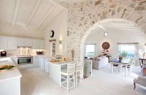 Greek Style Home, Greek Interior Design, Greece House, Greek Decor, Pulte Homes, Interior Design Per La Casa, Interior Design Rustic, Stone Walls, Mediterranean Home