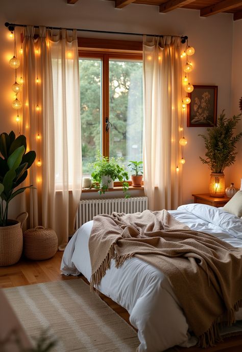 Boho Bedroom with Curtain Lights Soft Lighting Aesthetic, Sheer Curtains With Lights, Curtain Wall Bedroom, Vintage Boho Bedroom Inspiration, Bedroom Curtain Lights, Curtain Behind Bed, Vintage Boho Bedroom, Curtains Behind Bed, Calm Bedroom