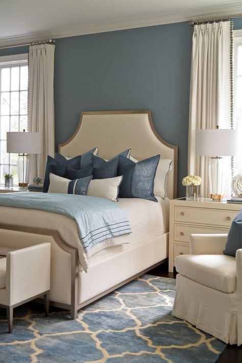 15 Blue and Cream Bedroom Ideas for a Calm and Stylish Retreat - My Decor Inspo Blue English Bedroom, Blue Tones Bedroom, Bold Master Bedrooms Decor, French Country Blue Bedroom, Dusky Blue Bedroom, Blue Paint Bedroom, Light Blue Walls Bedroom, Blue Bedding Aesthetic, Cream And Blue Bedroom