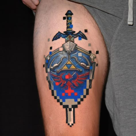 Triforce Hand Tattoo, Matching Zelda Tattoos, Link Tattoo Ideas, Geek Tattoo Ideas, Tears Of The Kingdom Tattoo, Legend Of Zelda Tattoo, Link Tattoo, Nintendo Tattoo, Pixel Tattoo