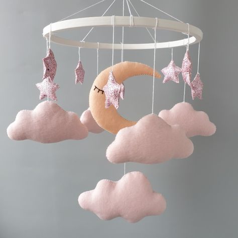 moon mobile, baby mobile, moon mobile nursery, baby mobile girl, nursery decor girl, pink mobile nursery Moon Crib, Decorating Nursery, Pink Baby Mobile, Moon Stars Nursery, Star Themed Nursery, Nursery Guest Room