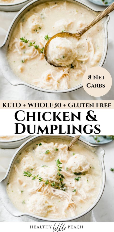 Keto Chicken and Dumplings (Whole30 + Paleo) - Healthy Little Peach Low Carb Dumplings, Keto Chicken And Dumplings, Whole30 Keto, Best Low Carb Recipes, Keto Soup, Low Carb Soup, Savory Chicken, Keto Paleo, Paleo Whole 30