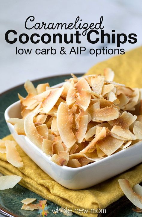 This Homemade Caramelized & Toasted Coconut Chips Recipe is one of the most helpful snack recipes I have ever come up with. Why? These little morsels of crunchiness and sweetness are just perfect – and they're a frugal version of the store bought ones. They're also special diet friendly – low carb, paleo, autoimmune protocol/AIP, GAPS and more! Coconut Chips Recipe, Toasted Coconut Chips, Snacks Homemade, Thm Snacks, High Carb Foods, Desiccated Coconut, Coconut Chips, High In Fiber, Healthy Sugar