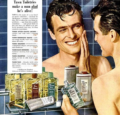 Vintage Ads — danismm: 1947, Tawn Toiletries make a man glad... Scout Truck, Shoe Advertising, Vintage Shaving, Television Advertising, Chevrolet Corvair, After Shave Lotion, Vintage Aesthetics, Wet Shaving, Car Advertising