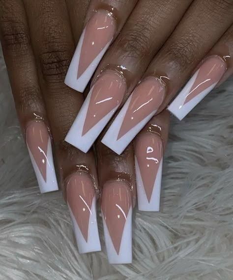 Burgundy Nails With White Design, White French Tip Nails With Red Bottoms, White Style Nails, Simple Long Nail Designs French Tips, Acrylic Nails Coffin Middle Length, Basic Tapered Square Nails, Pink And White Polygel Nails, White French Tip Coffin Acrylic Nails, Medium Full Set Nails Acrylics