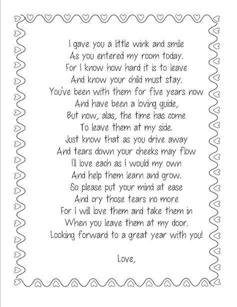 kindergarten kidlets: poem for parents (first day of school) First Day Of School Poem For Parents, First Day Poem, Poem For Parents, Parents Poem, Back To School Poem, School Poem, Kindergarten Poems, Birthday Poem, Kindergarten Parent