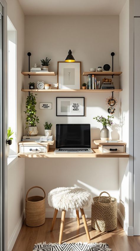 Tiny Home Desk Ideas Attached Desk To Wall, Wall Shelf Desk Workspaces, Fitted Desk Ideas, Pull Down Desk From Wall, Small Desk Space Ideas, Desk In Wall, Built In Desk And Shelves Small Space, Desk Space In Living Room, Ikea Workspace Ideas