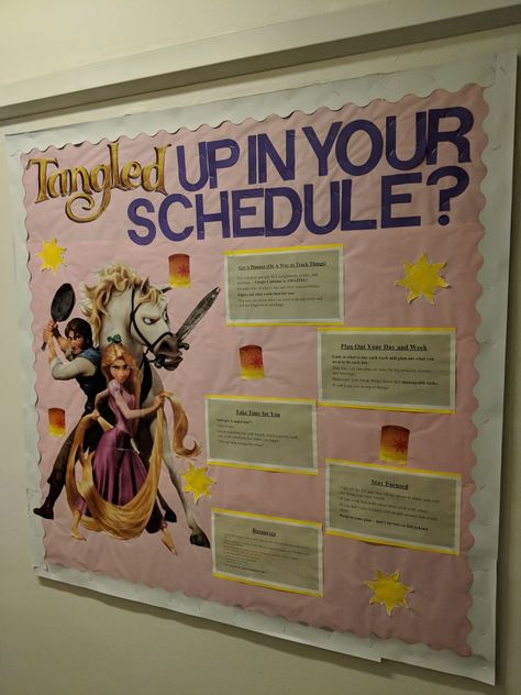 RA Bulletin Board - Disney, Tangled Disney Bulletin Boards College, Tangled Door Decs, Tangled Bulletin Board, Princess And The Frog Bulletin Board, Disney Ra Bulletin Boards, Ra Poster Ideas, 2s Classroom, Family Tree Bulletin Board, Pixar Classroom