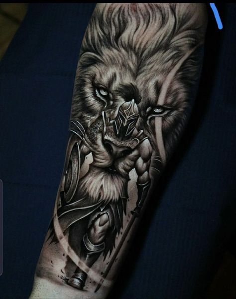 Lion On Calf Tattoo, Lion With Spartan Tattoo, Lion And Knight Tattoo, Spartan Arm Tattoo, Lower Forearm Tattoo Men, Christian Forearm Tattoo, Spartan Sleeve Tattoo, Warrior Of God Tattoo, Christian Tattoos For Men Forearm