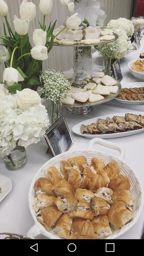 Baptism food spread idea. Lds Baby Blessing Luncheon, Food Spread Table Party Ideas, Baby Shower Food Spread, Baby Shower Spread, Baptism Brunch Ideas, Baptism Luncheon Ideas, Baby Blessing Luncheon, Baptism Food Ideas, White Table Scape