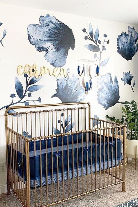 Navy Girl Nursery, Blue Floral Nursery, Blue Nursery Girl, Blue Flower Wall, Navy Blue Nursery, Navy Nursery, Nursery Decor Inspiration, Simple Nursery, Girl Nursery Themes