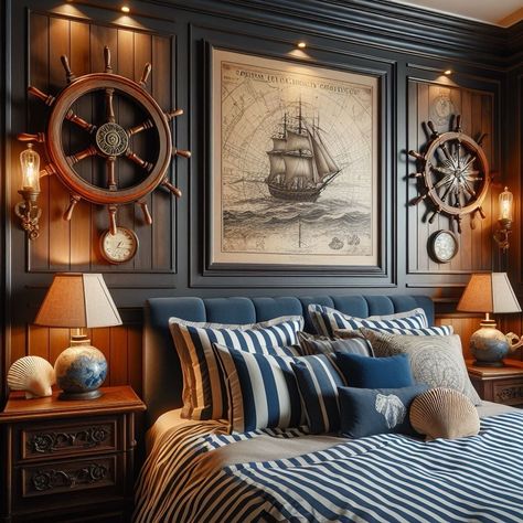 Room Aethestic, Planet Bedroom, Sea Life Bedroom, Sailor Room, Bedroom Masculine, Dark Nautical, Sea Bedrooms, Future Interior Design, Ocean Room Decor