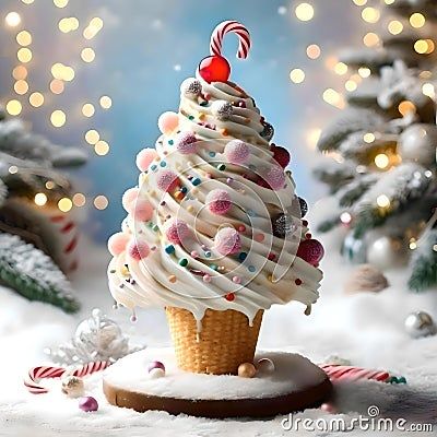 captivating-image-showcases-towering-ice-cream-cone-adorned-festive-cheer-christmas-swirls-creamy-vanilla-ice-cream-generously-sprinkled-red-green-candies-evoking-traditional-colors-holiday-season-classic-candy-cane-its-iconic-red-white-stripes-gracefully-embedded-soft-folds-ice-cream-adding-touch-whimsy-cone-set-against-magical-backdrop-featuring-softly-glowing-lights-snow-dusted-christmas-trees-create-enchanting-winter-wonderland-atmosphere-delightful-composition-masterfully-combines-joy-ice-cream-spirit-christmas-making-ideal-choice-looking-to-add-sweet-merry-visual-to-their-projects Ice Cream Christmas, Christmas Ice Cream, Classic Candy, Ice Creams, Ice Cream Shop, Vanilla Ice, Vanilla Ice Cream, Ice Cream Cone, Red And White Stripes