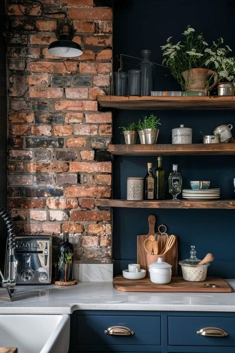 Blue And Brick Kitchen, Blue Kitchen Brick Wall, Brick Backsplash Kitchen Blue Cabinets, Blue Kitchen Cabinets Brick Backsplash, Dark Green Kitchen Brick Wall, Navy Blue Kitchen Cabinets Brick Wall, Blue Rustic Kitchen, Navy Kitchen Walls, White Brick Kitchen