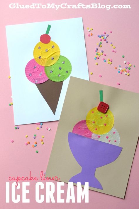 Cupcake Liner Ice Cream - Kid Craft Cupcake Liner Crafts, Cupcake Crafts, Ice Cream Kids, Ice Cream Crafts, Ice Cream Theme, Sand Paper, Summer Crafts For Kids, Puffy Paint, Kid Craft