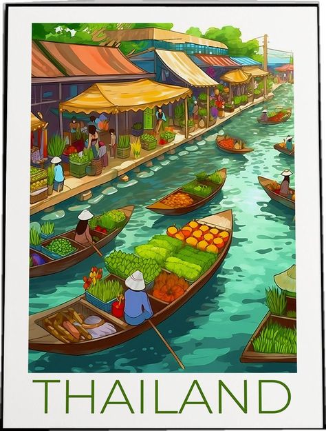 Floating Market Illustration, Thailand Illustration, Floating Market, Thailand Art Drawing, Thailand Aesthetic, Thailand Art Painting, Bangkok Painting, Thailand Map Illustration, Thailand Travel Poster