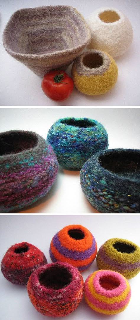 Knit Felting, Felted Bowls, Felted Crochet, Knit Basket, Knitted Wit, How To Purl Knit, Small Containers, Yarn Projects, Free Knitting Pattern