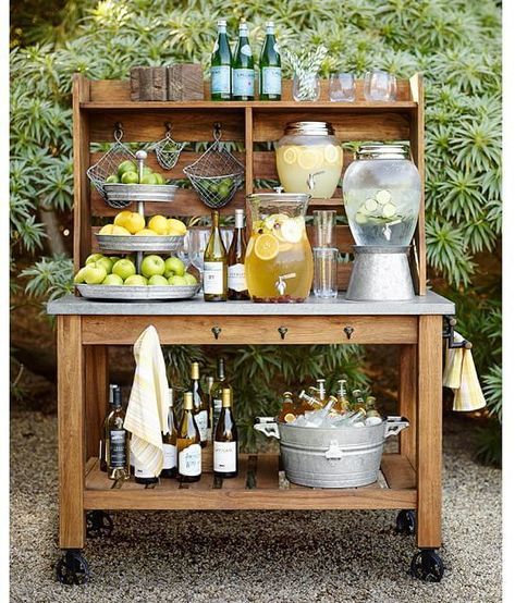 Elevate your outdoor entertaining with these backyard bar ideas! Create a stylish and functional space for hosting friends and family with trendy DIY bar setups, rustic pallet bars, or sleek built-in designs. #backyarddesign #landscaping #ABlissfulNst Galvanized Buckets Wedding, Outdoor Drink Station, Wedding Drink Bar, Backyard Food, Wedding Drink Station, Buffet Hutch, Deco Champetre, Pottery Barn Inspired, Backyard Bar