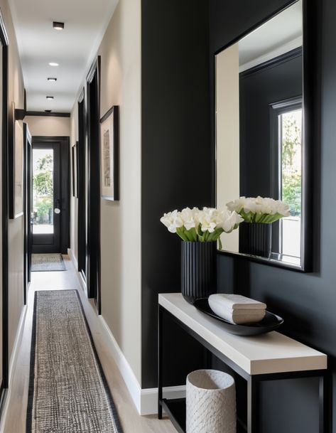 Long Narrow Hallway Ideas Modern, Entry Long Hallway Ideas, Dark Neutral Entryway, Black And White Entryway Ideas, Townhome Entryway Decor, Coridorio Design Home, Top Of Stairs Decor Upstairs Landing Wall Ideas, Hallway Entryway Ideas, Black And Beige Hallway