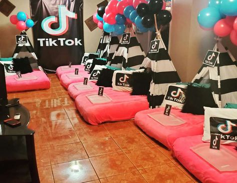 12th Tiktok Sleepover Tiktok Hotel Party, Tiktok Sleepover Ideas, Tiktok Birthday Party Ideas Diy, Tik Tok Birthday Party Games, Tik Tok Sleepover Party, Tiktok Birthday Party Shirts, Tiktok Birthday Party Ideas, Tiktok Birthday Party, Sleepover Tiktok