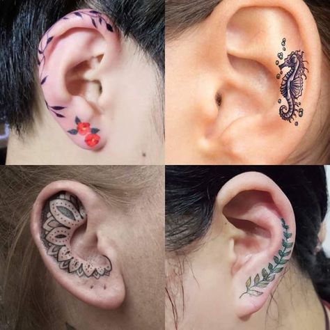 75 Best Unconventional Ear Tattoo Ideas To Drool Over Amanda Tattoo, Besties Tattoos, Sister Tattoos For 3, Watercolor Heart Tattoos, Inner Ear Tattoo, Ear Tats, Forearm Cover Up Tattoos, Tattoo Ear, Leaf Clover Tattoo