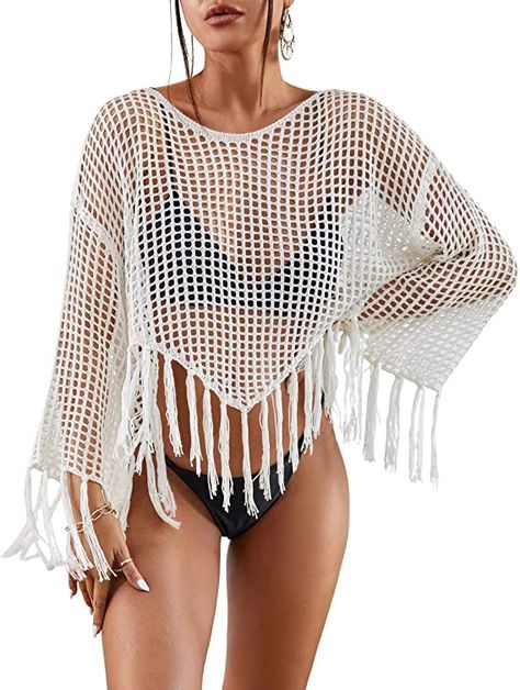 Bsubseach Crochet Cover Up for Swimwear Women Hollow Out Swimsuit Coverup Long Sleeve Beach Top #womensfashion #womenstops #fashion2023 #luckylatinashopguide #luckylatina #coverup #swimwear #swimsuit #plussizefashion Crochet Cover Up, Beach Tops, Tie Sleeve, Loose Sweater, Bustiers, Fringe Trim, Beach Shirts, Cover Up Dress, Swimsuit Cover