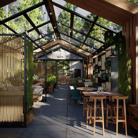 Greenhouse Restaurant, Outdoor Restaurant Patio, Greenhouse Cafe, Rooftop Restaurant Design, Glass Restaurant, Forest Cafe, Conservatory Design, Visuell Identitet, Outdoor Restaurant Design