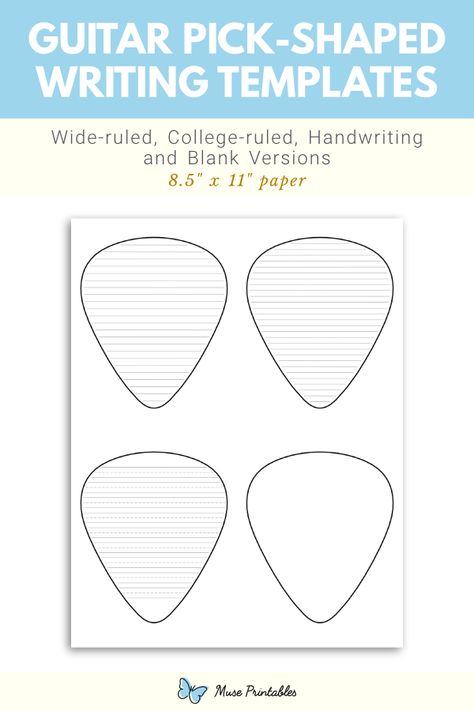 Free printable guitar pick-shaped writing templates. This PDF download includes wide ruled, narrow ruled, handwriting, and blank versions. Download the templates at https://museprintables.com/download/writing-template/guitar-pick-shaped/ Guitar Template, Guitar Party, Guitar Crafts, Music Cards, Writing Paper Template, Handwriting Lines, Writing Template, Lined Writing Paper, 40 Birthday