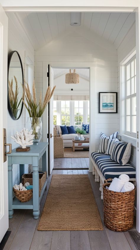 Beach House Entrance, Coastal Entryway Ideas, Beach House Entryway, Entryway Transformation, Cottage Entryway, Home Redesign, Beach House Lighting, Coastal Entryway, Peaceful Beach