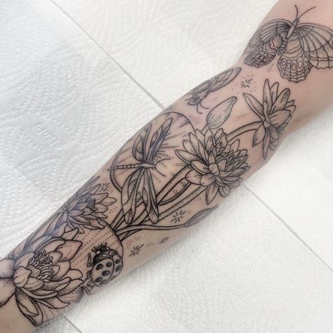 Bug Themed Tattoo Sleeve, Pond Tattoo Sleeve, Pond Tattoo, Cat Kingston, Kingston Tattoo, Someday Tattoo, Dinosaur Tattoos, Insect Tattoo, Forearm Sleeve Tattoos