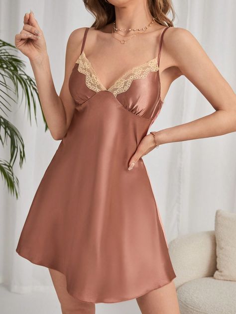 Lace Trim Satin Cami NightdressI discovered amazing products on SHEIN.com, come check them out! Satin Cami, Women's Nightgowns, Lingerie Dress, Amazing Products, Night Dress, Night Gown, Lace Trim, Color Blocking, Slip Dress