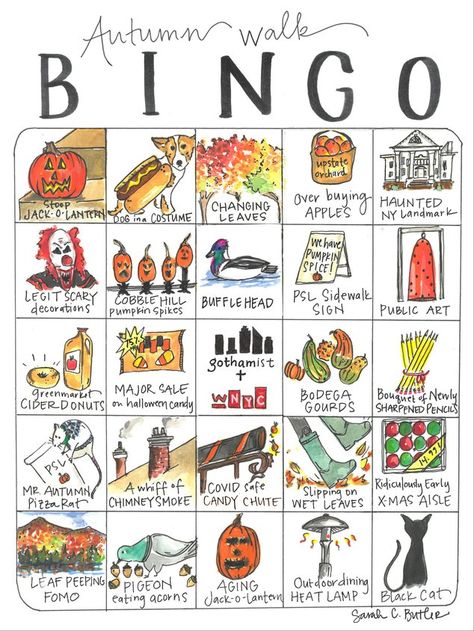 Gothamist Presents: An Autumn In NYC Bingo Card - Gothamist Autumn Bingo, Fall Bingo, Scary Decorations, Bingo Card, Changing Leaves, Long Walks, Bingo Cards, Teaching Art, Happy Fall