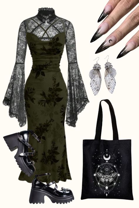 Goth Outfit, Black Aesthetic, Goth Cottagecore Outfit, Witch Outfit, Goth Fashion, Black Nails, Butterfly Jewelry. 🦋 Green And Black Goth Outfit, Goth Fantasy Outfit, Goth Cottagecore Outfits, Black Nails Butterfly, Cottage Goth Fashion, Green Witch Aesthetic Outfit, Green Goth Outfit, Green Goth Aesthetic, Goth Fairy Outfit